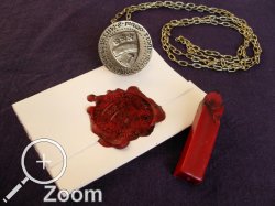 (Spt-)Mittelalterliches Siegel aus Messing an Messingkette mit Siegelwachs und Papier
